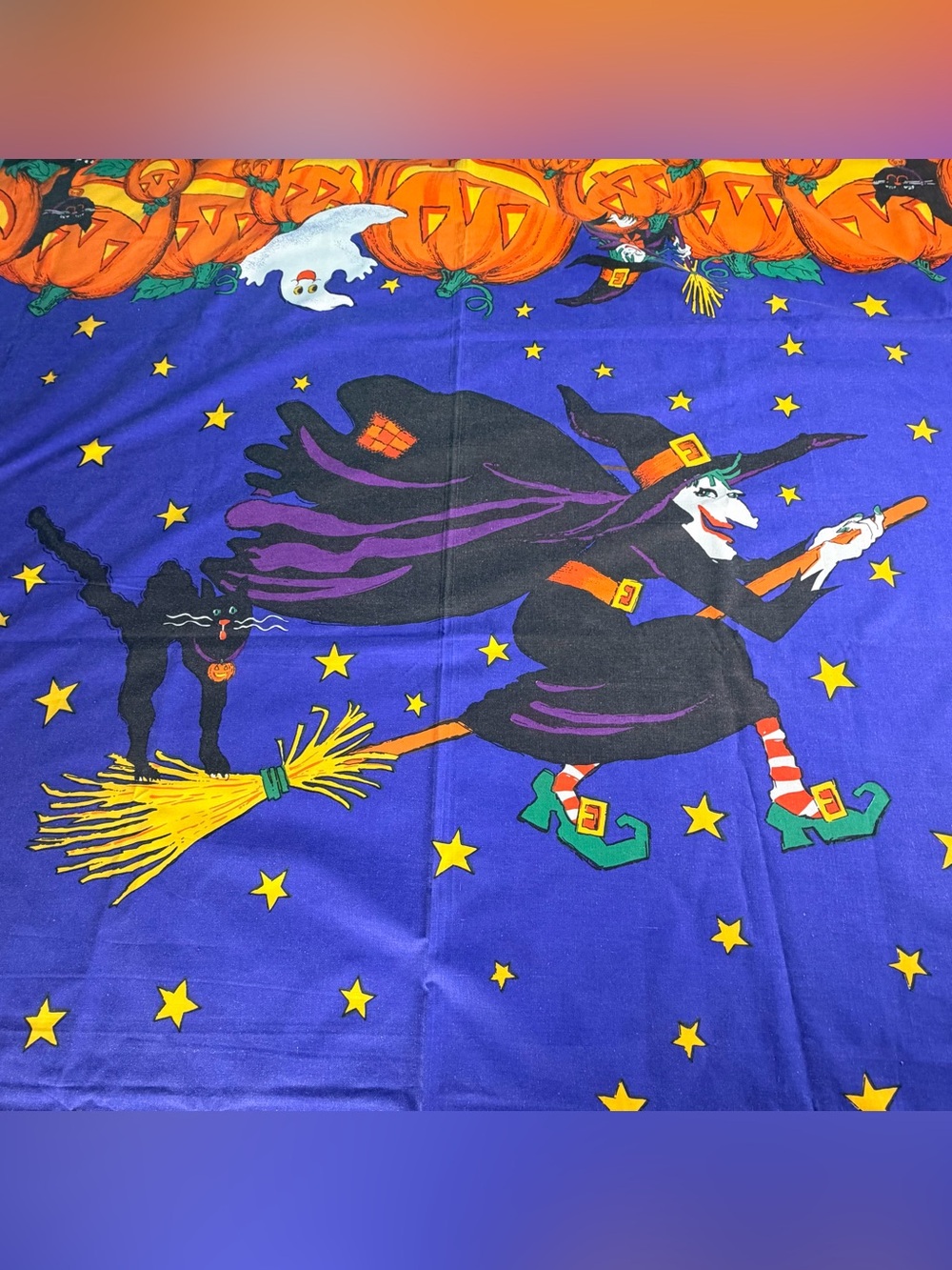 Vintage Halloween Rectangle Tablecloth Witch Ghost Pumpkin Black Cat Blue 59x83